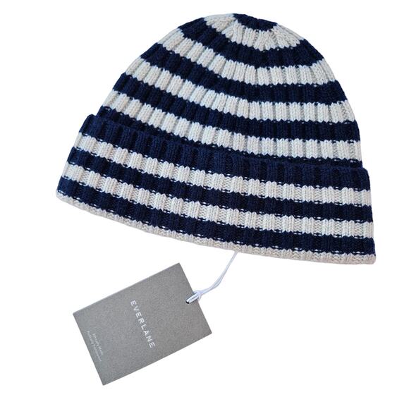 Everlane Cashmere Beanie Navy Stripes Unisex One Size Soft Fall Winter Casual - Picture 1 of 11